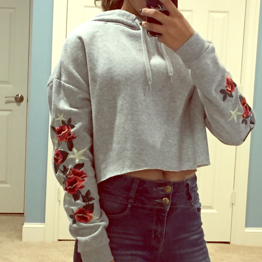 Grey floral cropped hoodie